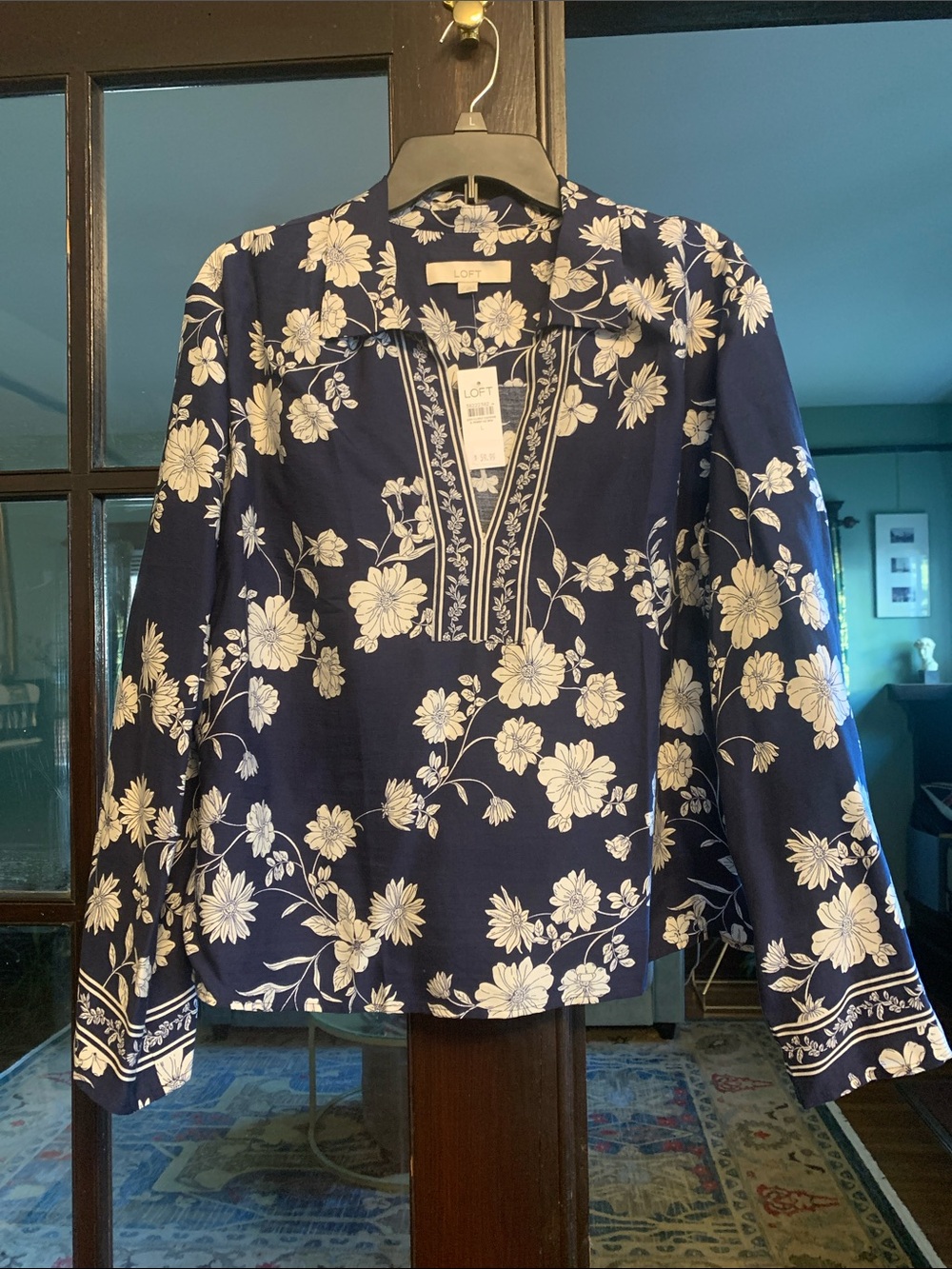 LOFT Navy Floral Split-Neck Long-Sleeve Blouse